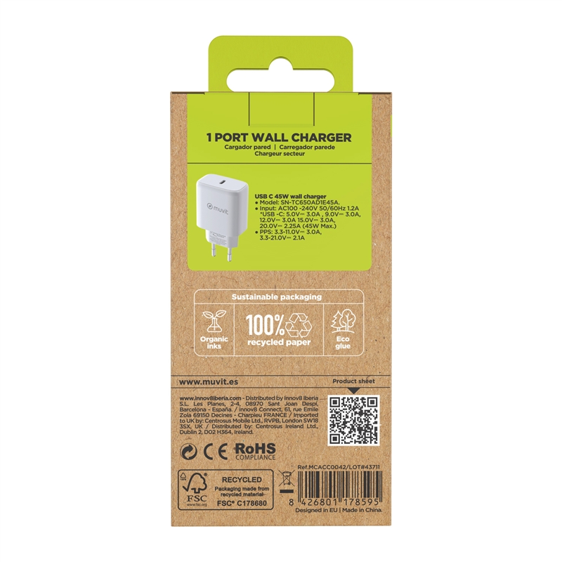 muvit for change cargador de pared Tipo C PD 45W blanco