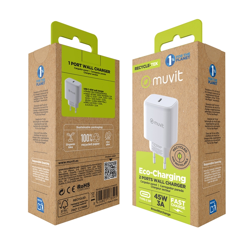 muvit for change cargador de pared Tipo C PD 45W blanco