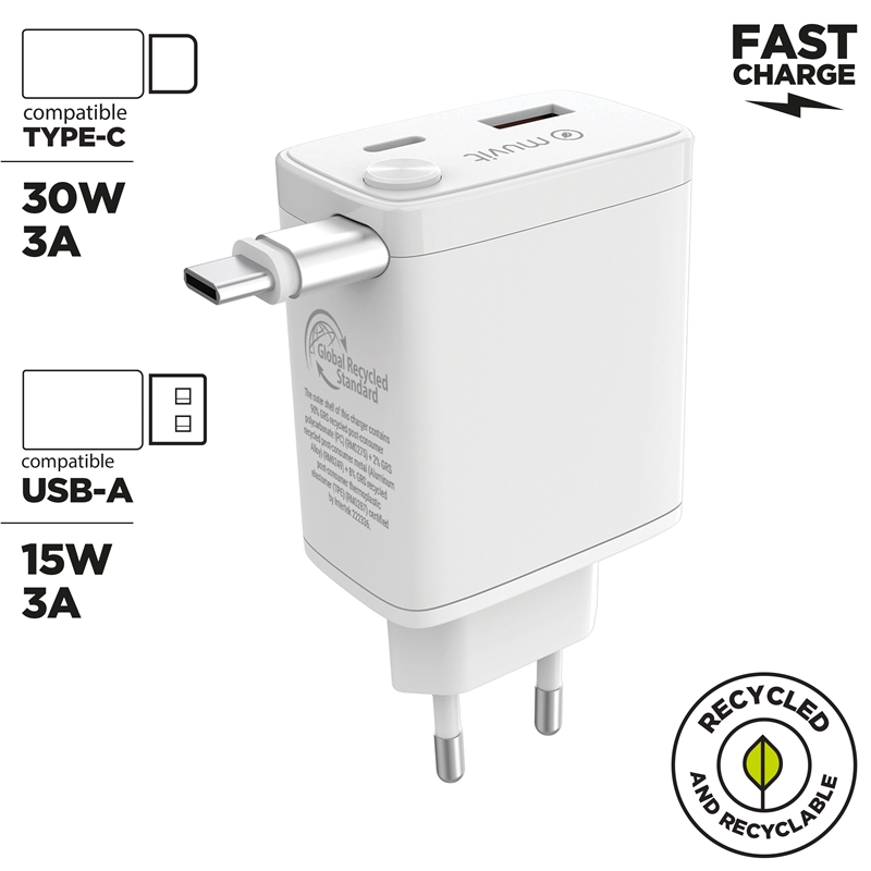 muvit for change cargador de pared Retráctil Tipo C PD 30W blanco