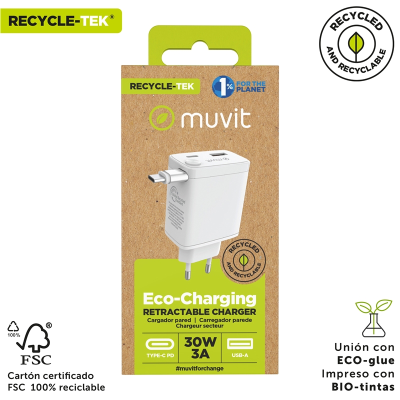 muvit for change cargador de pared Retráctil Tipo C PD 30W blanco