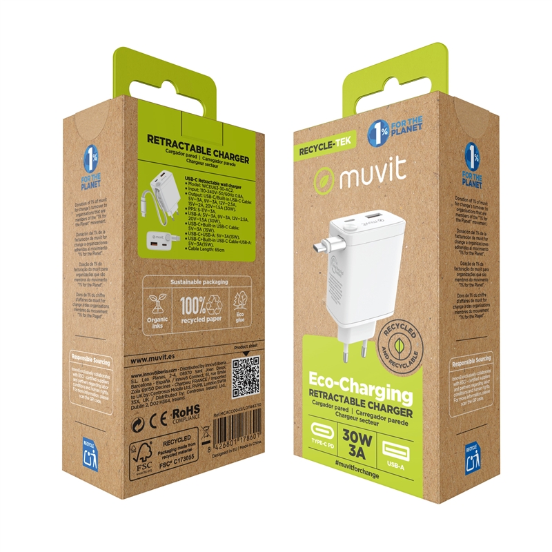 muvit for change cargador de pared Retráctil Tipo C PD 30W blanco