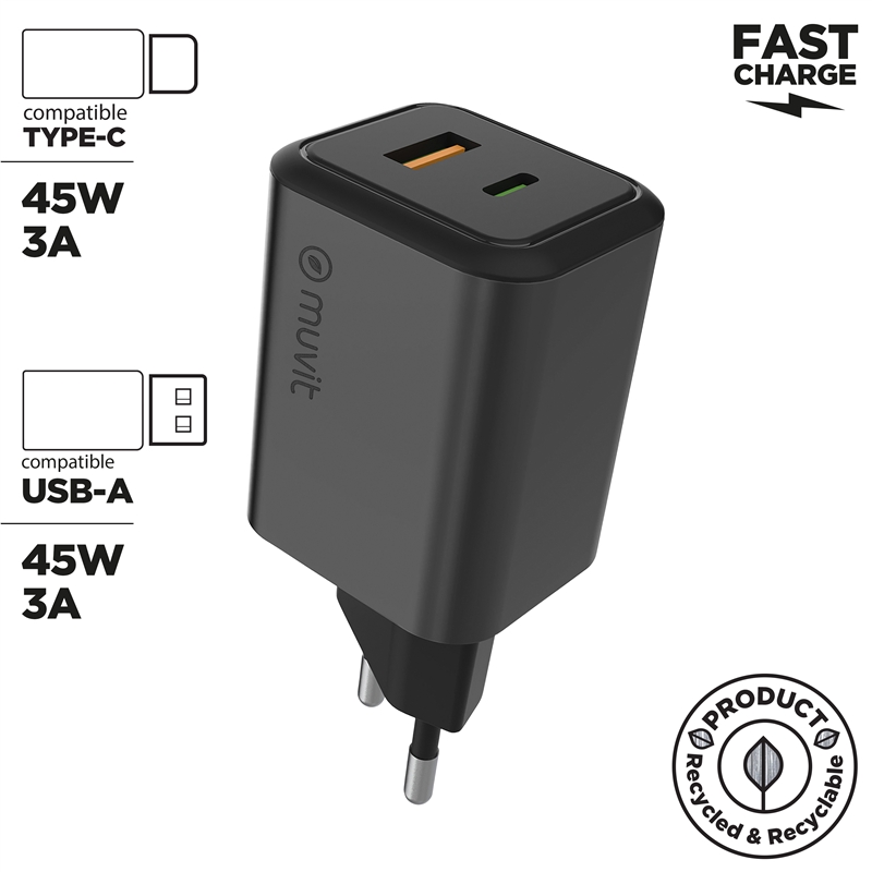 muvit for change cargador de pared USB + Tipo C PD45W aluminio