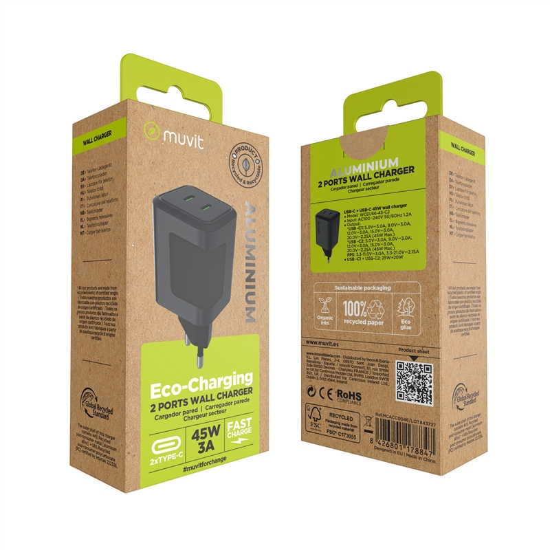 muvit for change cargador de pared 2 Tipo C PD45W aluminio