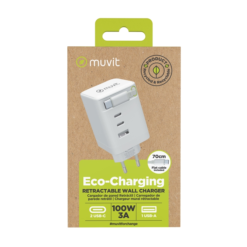muvit for change cargador de pared Retráctil Tipo C PD 100W,2 USB-C y 1 USB blanco