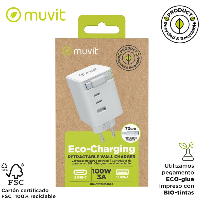 muvit for change cargador de pared Retráctil Tipo C PD 100W,2 USB-C y 1 USB blanco