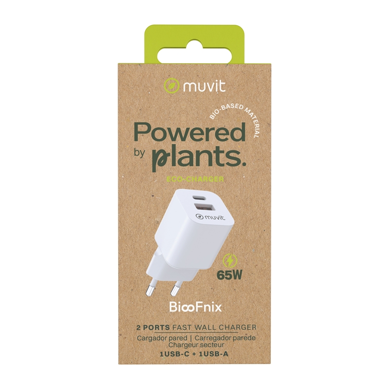 muvit for change cargador de pared GaN 1 USB QC 3.0 18W + Tipo C PD65W BiooFnix