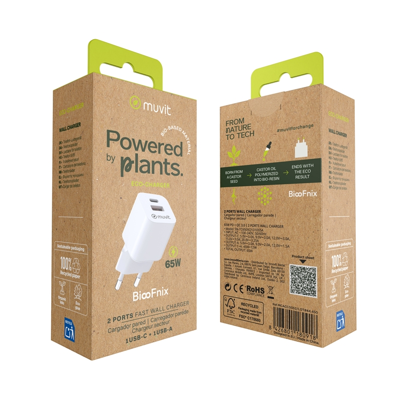 muvit for change cargador de pared GaN 1 USB QC 3.0 18W + Tipo C PD65W BiooFnix