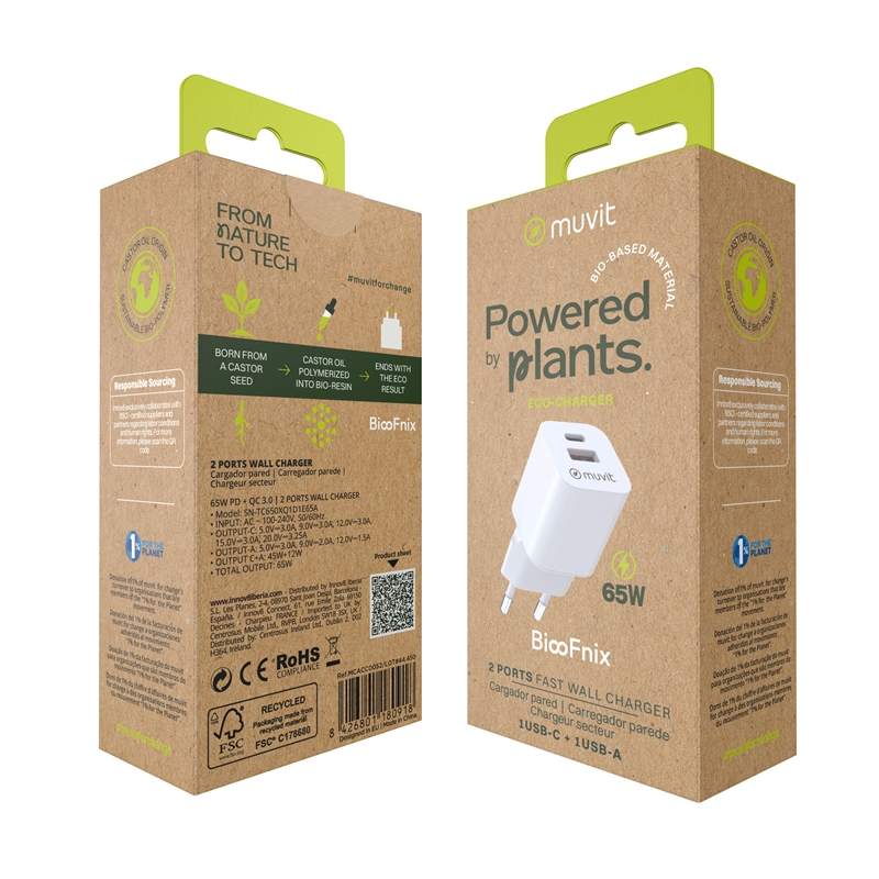 muvit for change cargador de pared GaN 1 USB QC 3.0 18W + Tipo C PD65W BiooFnix
