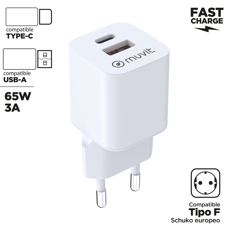 muvit for change cargador de pared GaN 1 USB QC 3.0 18W + Tipo C PD65W BiooFnix