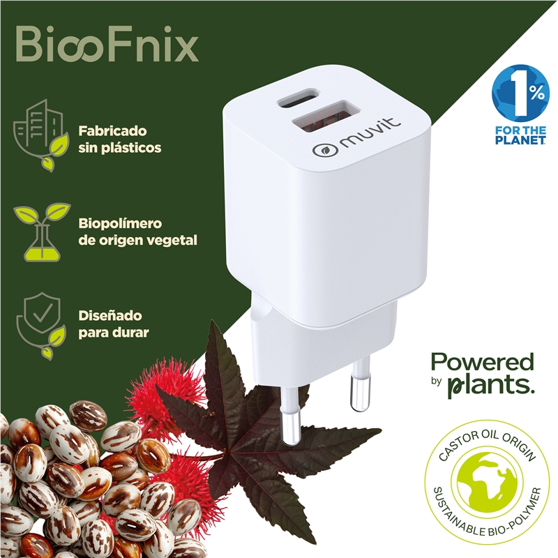 muvit for change cargador de pared GaN 1 USB QC 3.0 18W + Tipo C PD65W BiooFnix
