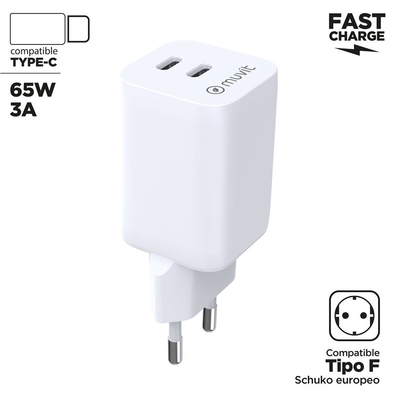 muvit for change cargador de pared GaN 2 Tipo C PD65W BiooFnix
