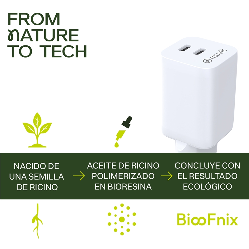 muvit for change cargador de pared GaN 2 Tipo C PD65W BiooFnix