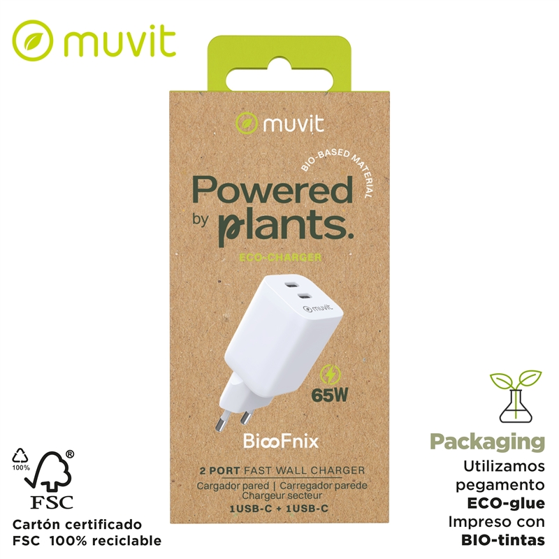 muvit for change cargador de pared GaN 2 Tipo C PD65W BiooFnix