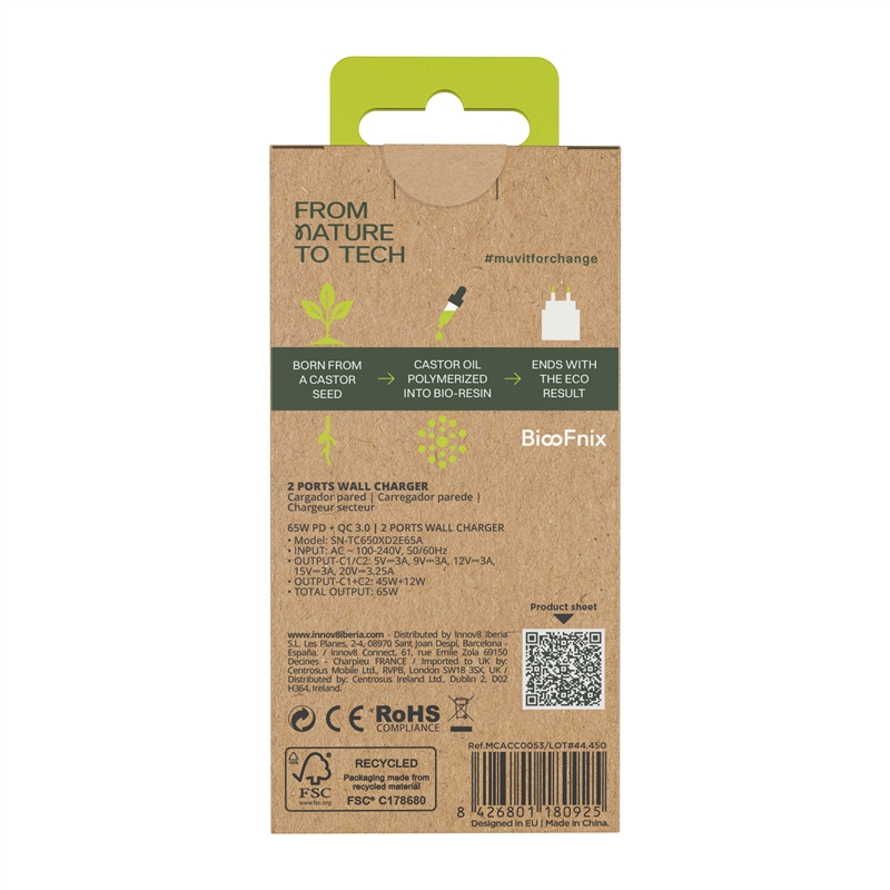 muvit for change cargador de pared GaN 2 Tipo C PD65W BiooFnix