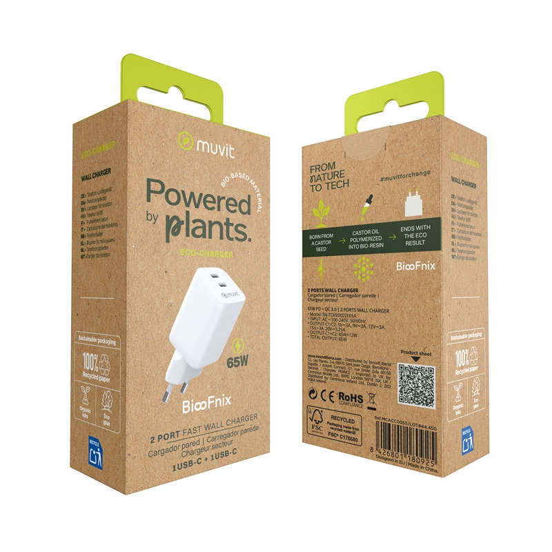 muvit for change cargador de pared GaN 2 Tipo C PD65W BiooFnix