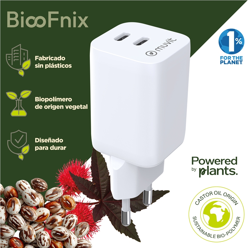 muvit for change cargador de pared GaN 2 Tipo C PD65W BiooFnix