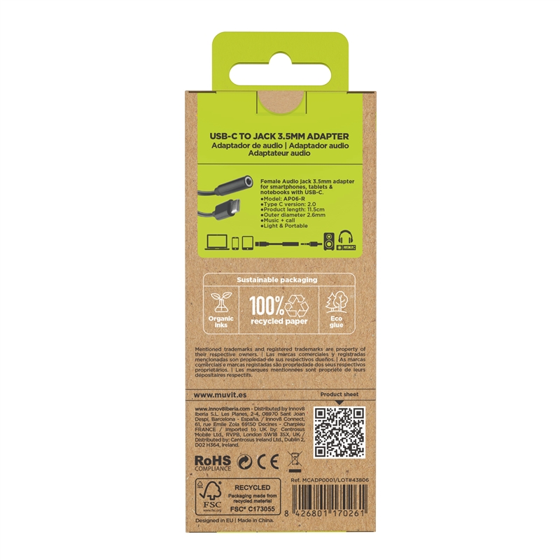 muvit for change adaptador Tipo C a Jack 3.5mm negro