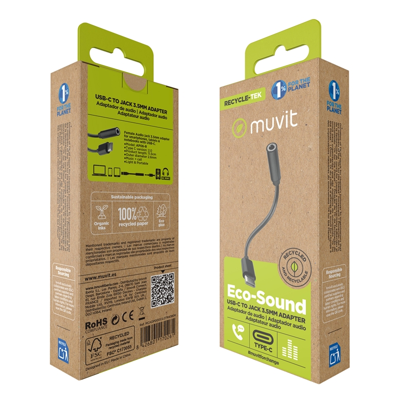 muvit for change adaptador Tipo C a Jack 3.5mm negro