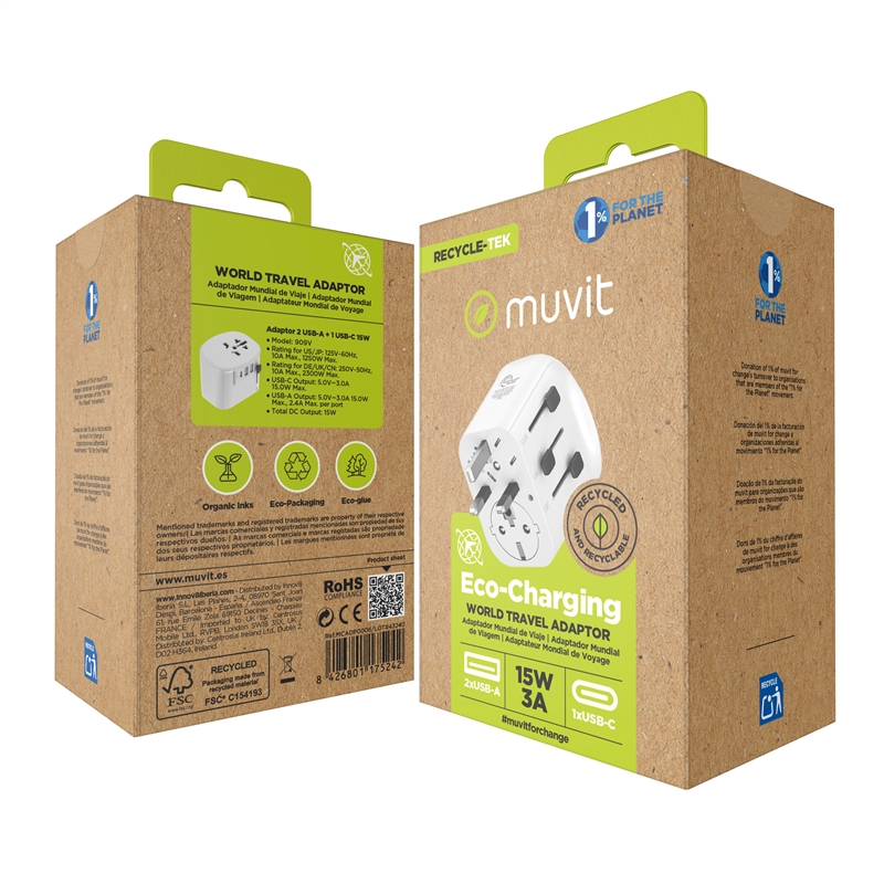 muvit for change adaptador Universal de viaje 2 USB-A + USB-C 15W