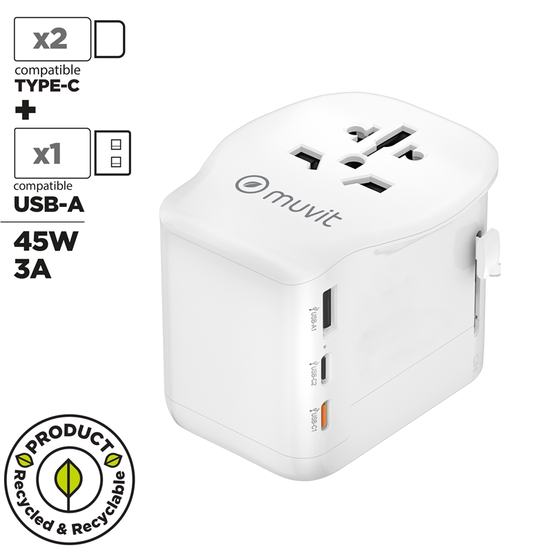 muvit for change adaptador Universal de viaje 2 USB-C PD45W + 1 USB-A blanco