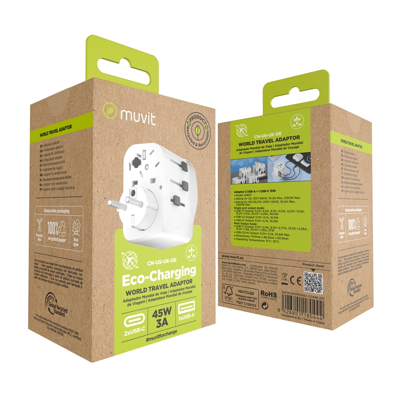 muvit for change adaptador Universal de viaje 2 USB-C PD45W + 1 USB-A blanco