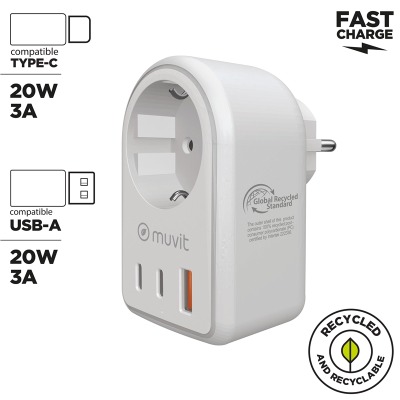 muvit for change enchufe 2 Tipo C 20W + 1 USB blanco