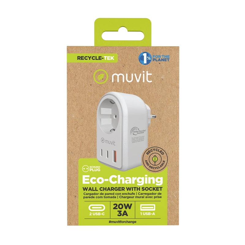 muvit for change enchufe 2 Tipo C 20W + 1 USB blanco