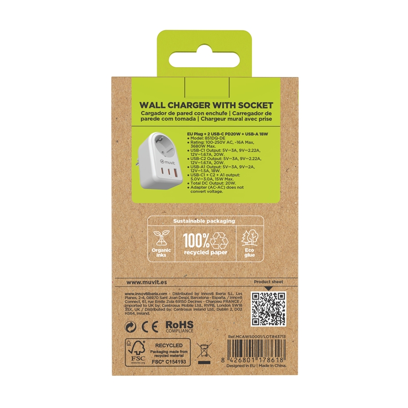 muvit for change enchufe 2 Tipo C 20W + 1 USB blanco
