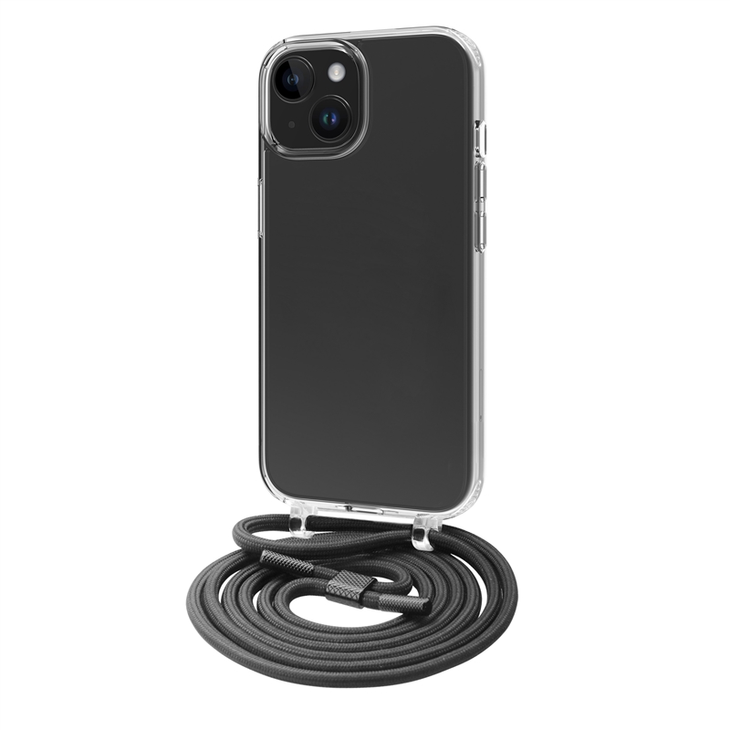 muvit for change funda con colgante negro compatible con Apple iPhone 15 transparente