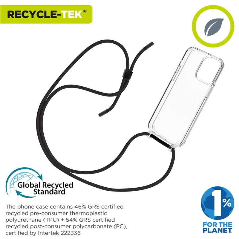 muvit for change funda con colgante negro compatible con Apple iPhone 15 Pro transparente