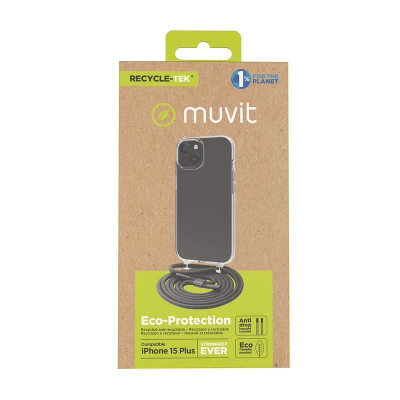 muvit for change funda con colgante negro compatible con Apple iPhone 15 Plus transparente