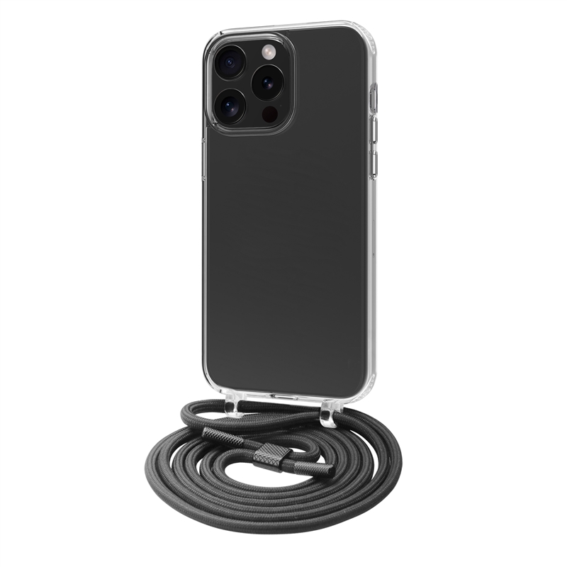 muvit for change funda con colgante negro compatible con Apple iPhone 15 Pro Max transparente