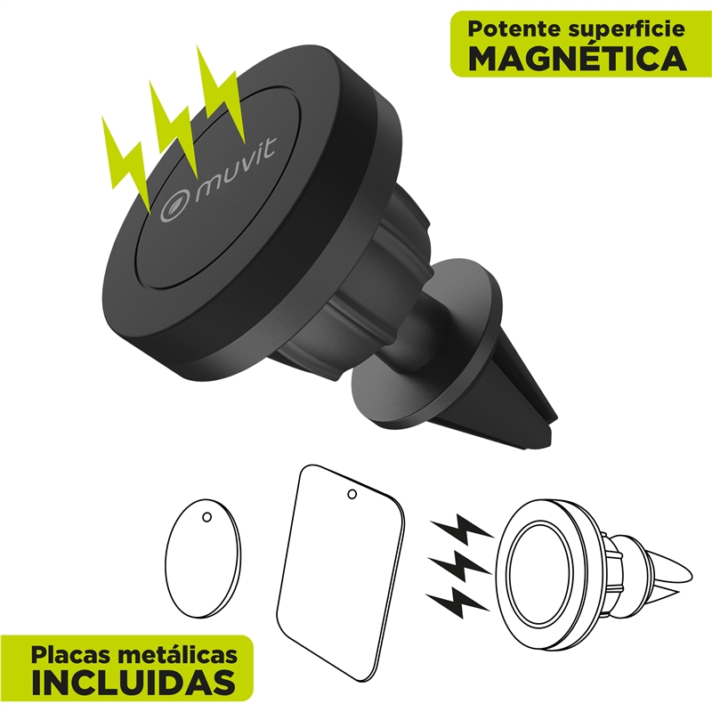 muvit for change soporte coche universal salida aire rotativo magnético negro (pinza rejilla)