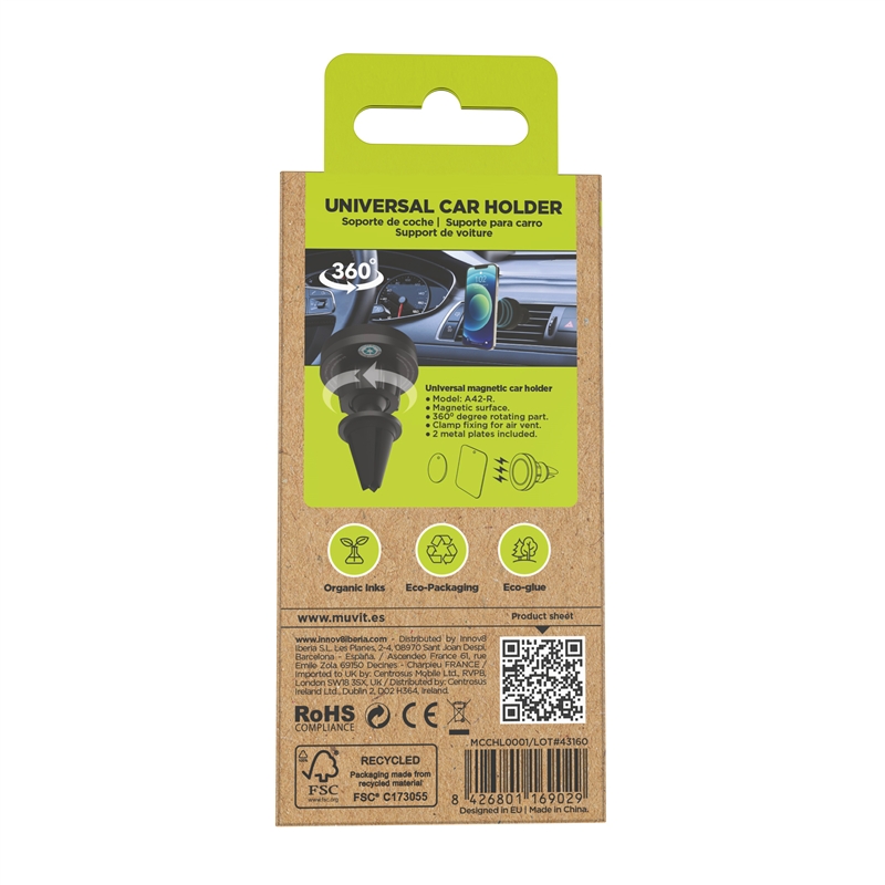 muvit for change soporte coche universal salida aire rotativo magnético negro (pinza rejilla)