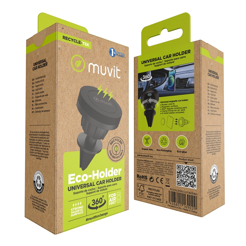 muvit for change soporte coche universal salida aire rotativo magnético negro (pinza rejilla)