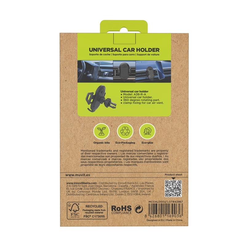 muvit for change soporte coche universal salida de aire hasta 7"ó 9,5cm de ancho negro (Pinza rejilla)