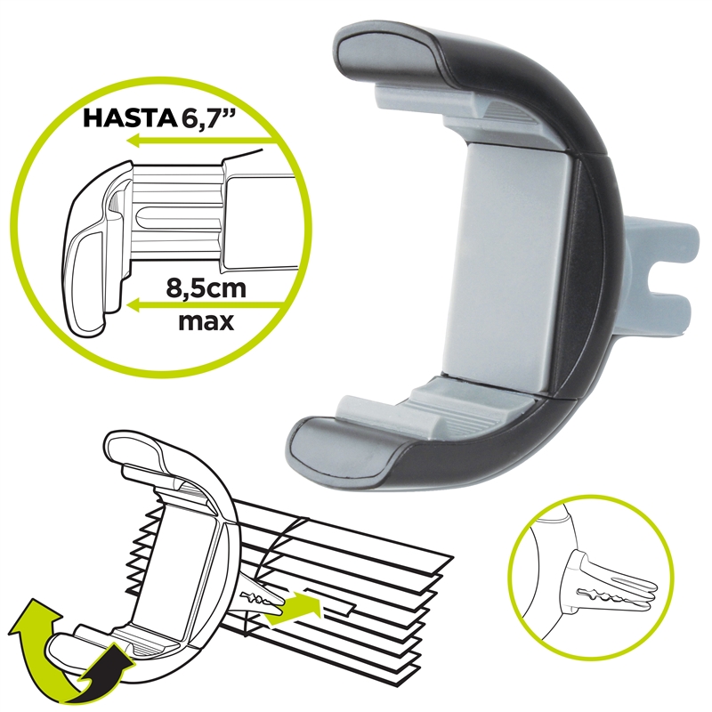 muvit for change soporte coche universal salida de aire rotativo 360 hasta 6,7" ó 8,5 cm de ancho negro