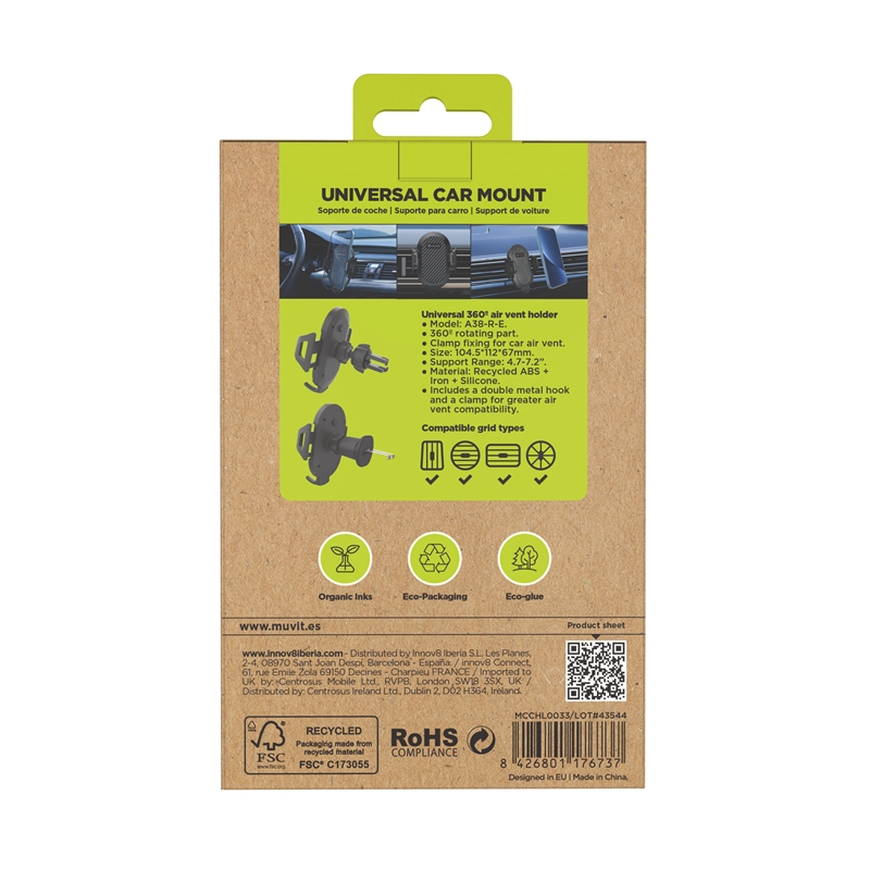 muvit for change soporte coche universal salida aire hasta 7" ó 9.5cm ancho negro, sujeción rejilla 2 ganchos + pinza