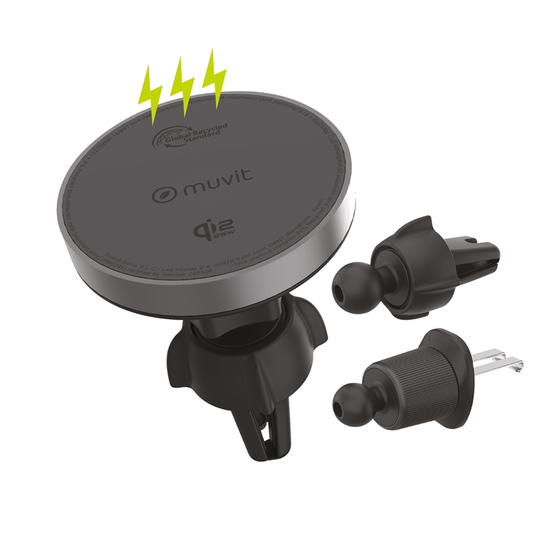 muvit for change soporte coche cargador inalámbrico Qi2 25W para salida aire, sujeción rejilla 2 ganchos + pinza negro