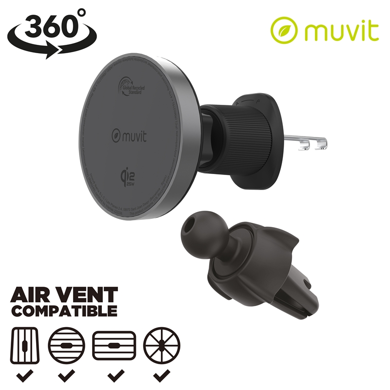 muvit for change soporte coche cargador inalámbrico Qi2 25W para salida aire, sujeción rejilla 2 ganchos + pinza negro