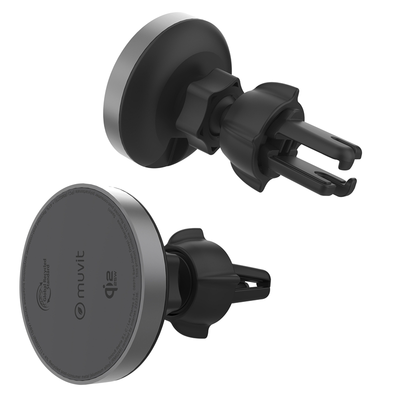 muvit for change soporte coche cargador inalámbrico Qi2 25W para salida aire, sujeción rejilla 2 ganchos + pinza negro