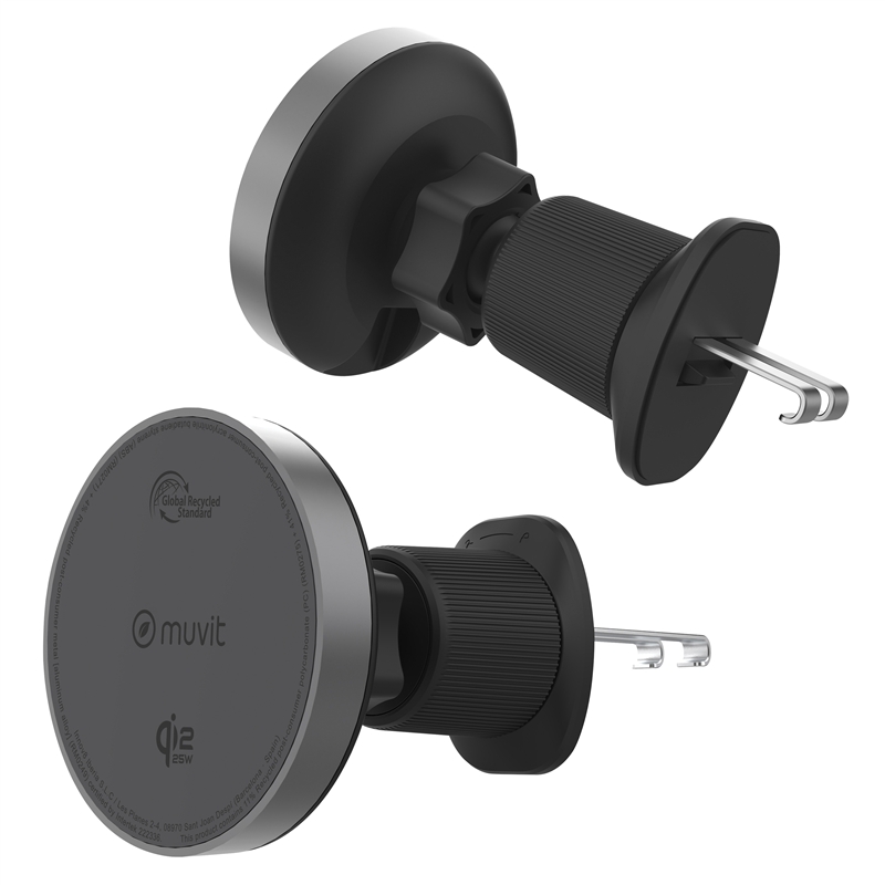 muvit for change soporte coche cargador inalámbrico Qi2 25W para salida aire, sujeción rejilla 2 ganchos + pinza negro