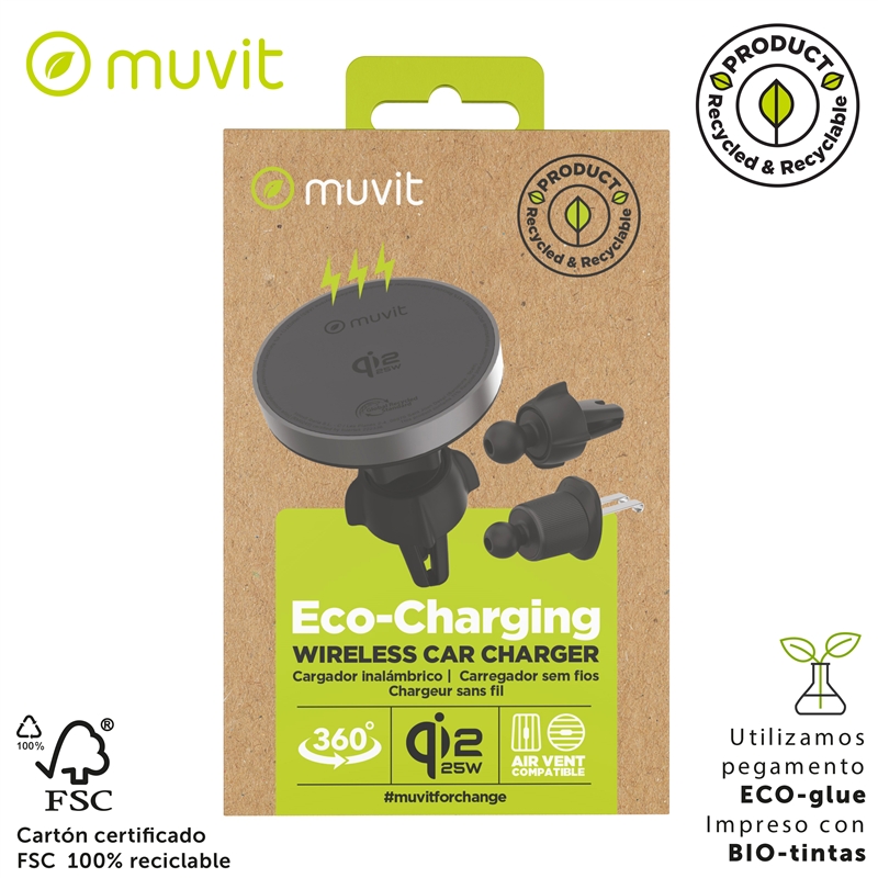 muvit for change soporte coche cargador inalámbrico Qi2 25W para salida aire, sujeción rejilla 2 ganchos + pinza negro