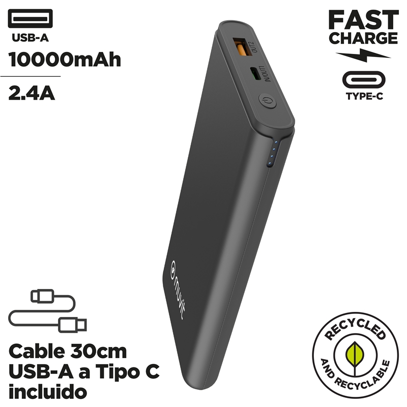 muvit for change power bank 10000 mAh USB A 2,4A + USB C PD/Output (USB A+tipo C) negro