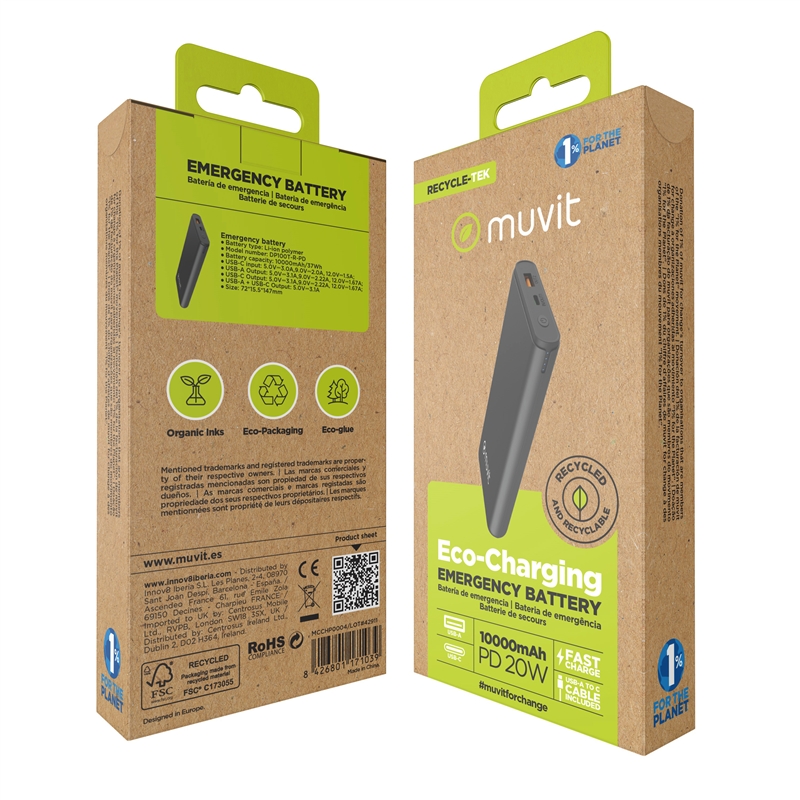 muvit for change power bank 10000 mAh USB A 2,4A + USB C PD/Output (USB A+tipo C) negro