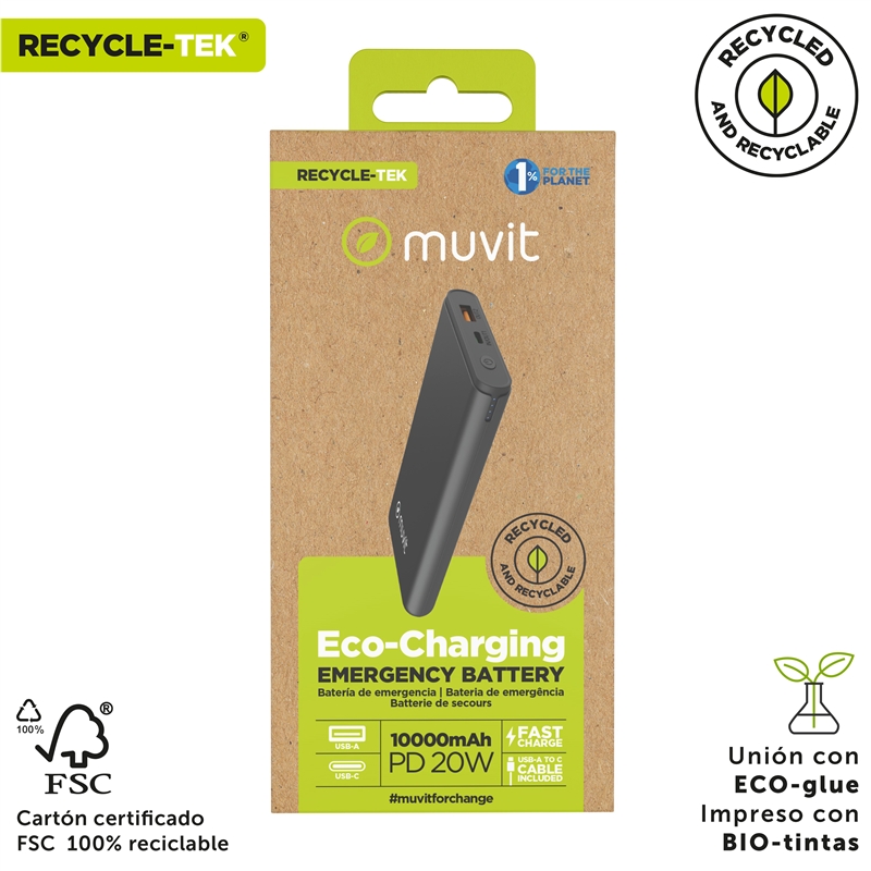 muvit for change power bank 10000 mAh USB A 2,4A + USB C PD/Output (USB A+tipo C) negro