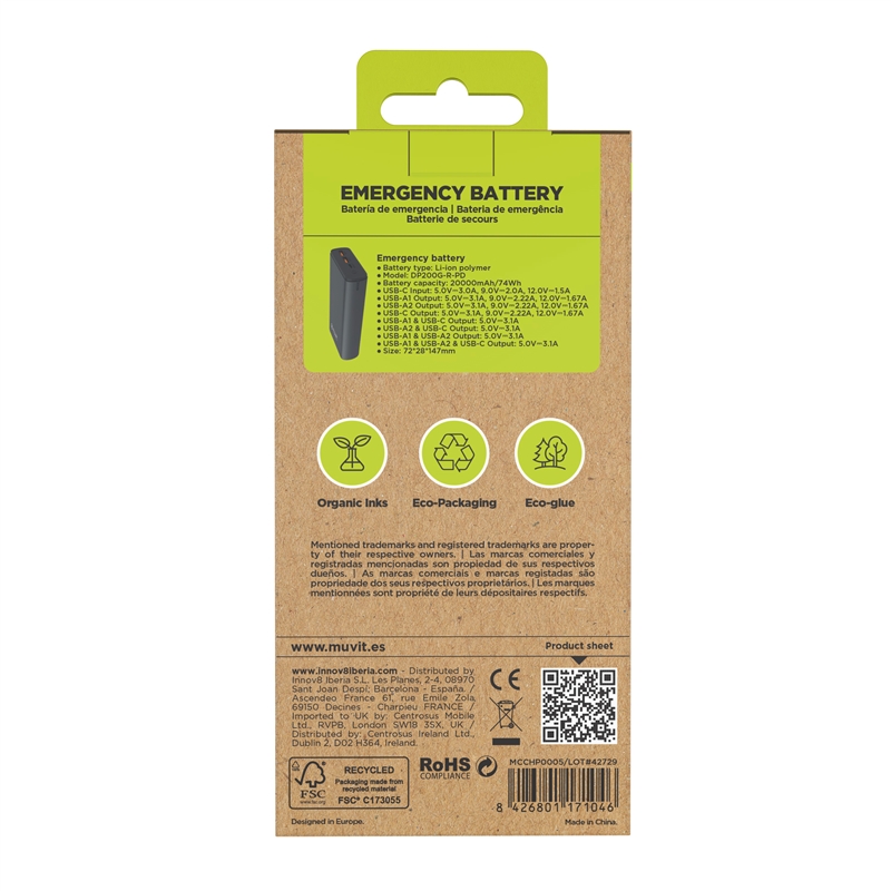 muvit for change power bank 20000 mAh Dual USB + Dual USB C + Output (USB A+tipo C)PD 20w negra