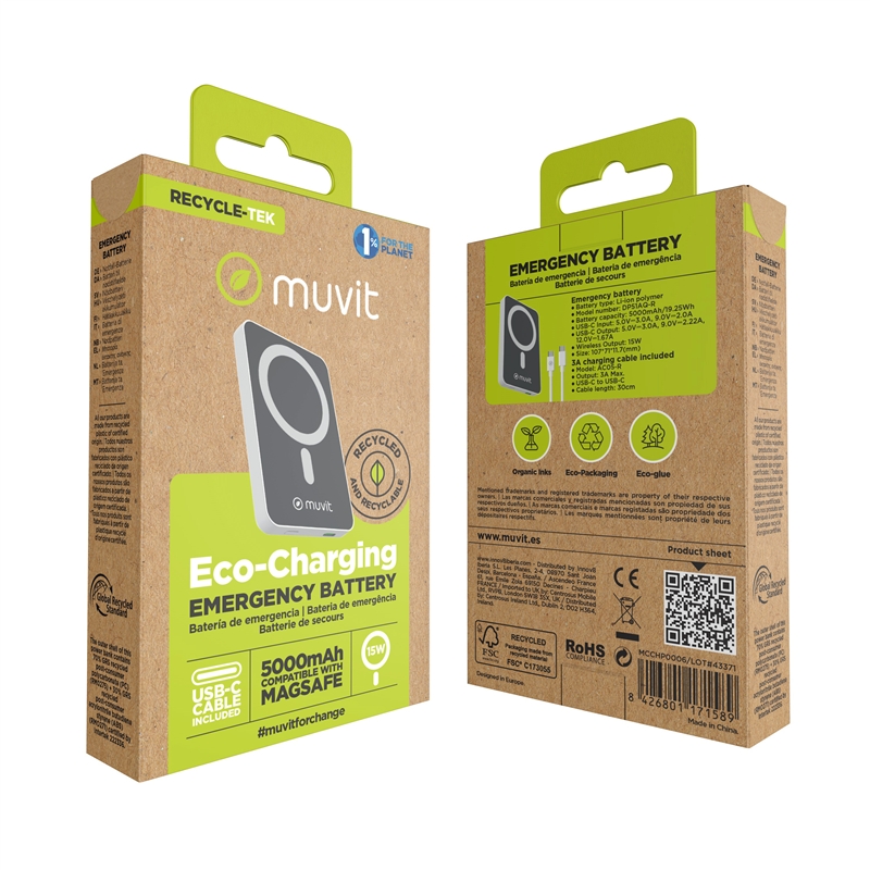 muvit for change power bank 5000 mAh/15W Magsafe + Output tipo C blanca