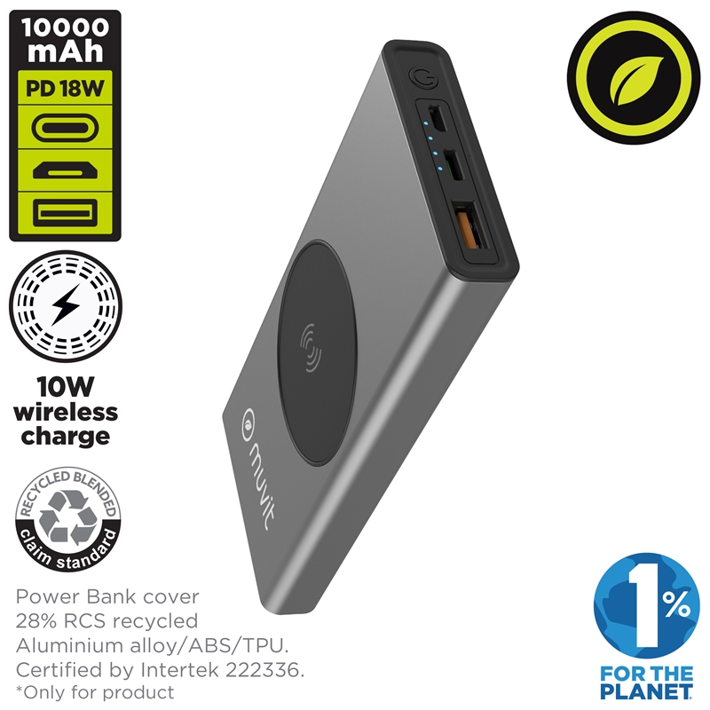 muvit for change power bank 10000 mAh/10W wireless + Output USB A + tipo C metalica gris