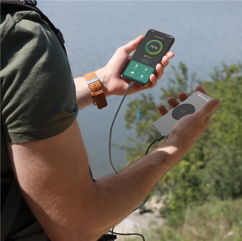 muvit for change power bank 10000 mAh/10W wireless + Output USB A + tipo C metalica gris